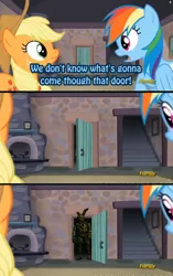 Size: 482x768 | Tagged: safe, banned from derpibooru, deleted from derpibooru, derpibooru import, edit, applejack, rainbow dash, the cutie map, comic, exploitable meme, five nights at freddy's, five nights at freddy's 3, meme, obligatory pony, springtrap, that door