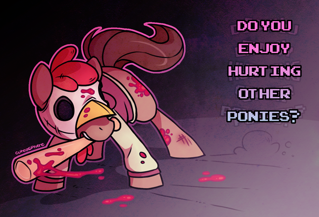 Size: 650x442 | Tagged: semi-grimdark, artist:cuteosphere, banned from derpibooru, deleted from derpibooru, derpibooru import, oc, unofficial characters only, baseball bat, blood, bruised, clothes, hotline miami, hotline miami 2, implied death, jacket, mask, scar, solo