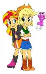 Size: 1024x1640 | Tagged: safe, artist:resotii, banned from derpibooru, deleted from derpibooru, derpibooru import, applejack, sunset shimmer, equestria girls, appleshimmer, crossed arms, female, lesbian, looking at each other, shipping, simple background, smiling, white background