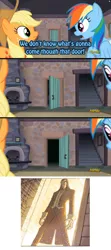 Size: 958x2163 | Tagged: safe, banned from derpibooru, deleted from derpibooru, derpibooru import, applejack, rainbow dash, the cutie map, exploitable meme, meme, morlun, obligatory pony, spider-man, that door