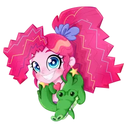 Size: 1125x1125 | Tagged: safe, artist:jumblehorse, banned from derpibooru, deleted from derpibooru, derpibooru import, gummy, pinkie pie, equestria girls, friendship through the ages, rainbow rocks, alternate hairstyle, cute, diapinkes, ear piercing, earring, grin, happy, heart, jewelry, looking at you, necklace, new wave pinkie, piercing, plushie, simple background, smiling, solo, transparent background, uncanny valley