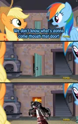 Size: 960x1528 | Tagged: grimdark, banned from derpibooru, deleted from derpibooru, derpibooru import, edit, applejack, rainbow dash, berserk, exploitable meme, fire, guts, meme, obligatory pony, that door