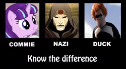 Size: 1438x784 | Tagged: safe, banned from derpibooru, deleted from derpibooru, derpibooru import, starlight glimmer, the cutie map, amon, communism, know the difference, nazi, syndrome, the incredibles, the legend of korra