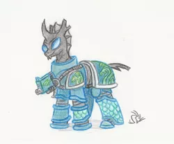 Size: 1515x1261 | Tagged: safe, artist:sensko, banned from derpibooru, deleted from derpibooru, derpibooru import, ponified, changeling, pony, alpha legion, armor, bolter, crossover, gun, power armor, solo, space marine, traditional art, warhammer (game), warhammer 30k, warhammer 40k, weapon