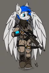 Size: 2796x4183 | Tagged: safe, artist:wingedthoughts, banned from derpibooru, deleted from derpibooru, derpibooru import, oc, oc:wingedthoughts, anthro, pegasus, fallout equestria, anthro oc, boots, clothes, gun, knife, m14 ebr, mercenary, military, military uniform, mk 14, rifle, shoes, spread wings, vest, walking, weapon, wings