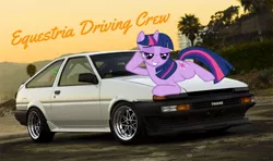 Size: 600x354 | Tagged: suggestive, artist:bboymidnight, banned from derpibooru, deleted from derpibooru, derpibooru import, twilight sparkle, ae86, car, corolla, damn sexy pose, solo, toyota, toyota corolla