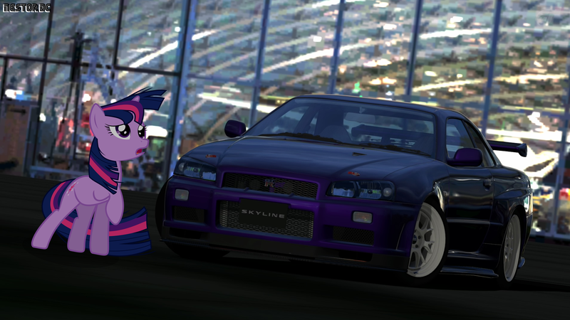 Size: 2478x1393 | Tagged: safe, artist:nestordc, banned from derpibooru, deleted from derpibooru, derpibooru import, twilight sparkle, car, nissan, nissan skyline, skyline r34, solo