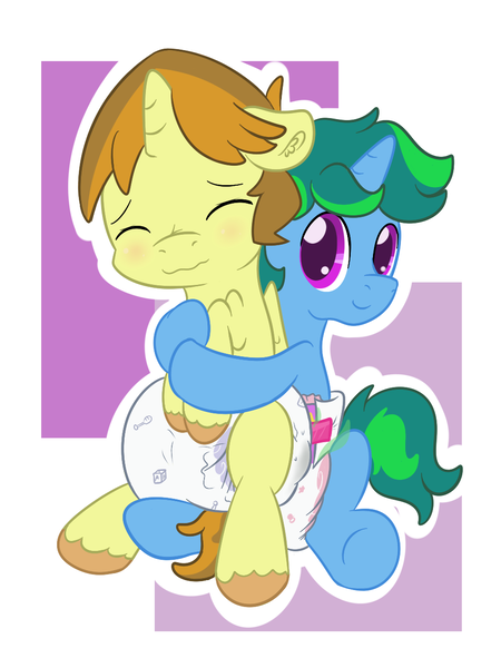 Size: 959x1278 | Tagged: questionable, artist:vitriolink, banned from derpibooru, deleted from derpibooru, derpibooru import, oc, oc:bonded friendship, unofficial characters only, diaper, diaper fetish, fetish, hug, messing, messy diaper, poofy diaper, poop, pooping