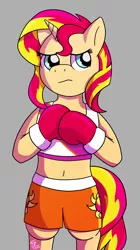 Size: 1024x1832 | Tagged: safe, artist:foreverroseify, banned from derpibooru, deleted from derpibooru, derpibooru import, sunset shimmer, belly button, bipedal, boxer, boxing gloves, midriff, solo