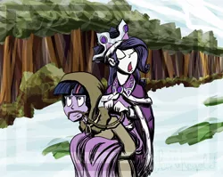 Size: 1024x816 | Tagged: safe, artist:feellikeaplat, banned from derpibooru, deleted from derpibooru, derpibooru import, clover the clever, princess platinum, rarity, twilight sparkle, human, forest, hearth's warming eve, humanized, humans riding humans, piggyback ride, pony coloring, scene interpretation, snow, yawn