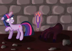 Size: 2500x1800 | Tagged: safe, artist:raedrob, banned from derpibooru, deleted from derpibooru, derpibooru import, twilight sparkle, crossover, lens of truth, magic, solo, the legend of zelda, wallmaster