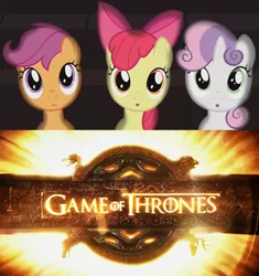 Size: 800x851 | Tagged: safe, banned from derpibooru, deleted from derpibooru, derpibooru import, apple bloom, scootaloo, sweetie belle, exploitable meme, game of thrones, meme, obligatory pony, tv meme