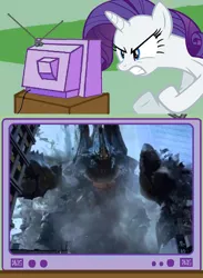 Size: 625x854 | Tagged: safe, banned from derpibooru, deleted from derpibooru, derpibooru import, rarity, crab, giant crab, kaiju, exploitable meme, meme, obligatory pony, onibaba, pacific rim, television, tv meme