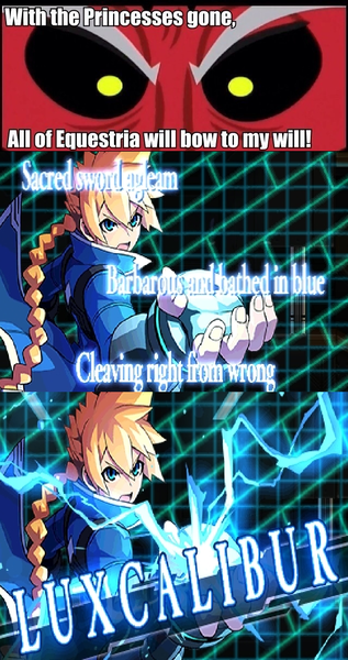 Size: 640x1211 | Tagged: safe, banned from derpibooru, deleted from derpibooru, derpibooru import, lord tirek, azure striker gunvolt, exploitable meme, gunvolt, meme, this will end in pain, tirek is doomed, tirek vs everyone meme