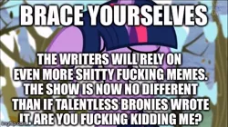 Size: 460x258 | Tagged: safe, banned from derpibooru, deleted from derpibooru, derpibooru import, twilight sparkle, tanks for the memories, background pony strikes again, bait, drama, dramabait, duckery in the description, meme, meta, mouthpiece, op has started shit, overreaction, pandering, shit posting, shitposting, text, vulgar, winter is coming