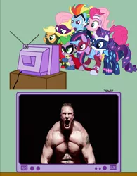 Size: 800x1024 | Tagged: safe, banned from derpibooru, deleted from derpibooru, derpibooru import, applejack, fluttershy, pinkie pie, rainbow dash, rarity, spike, twilight sparkle, brock lesnar, exploitable meme, mane six, meme, obligatory pony, power ponies, tv meme, wwe