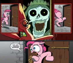 Size: 945x821 | Tagged: safe, banned from derpibooru, deleted from derpibooru, derpibooru import, idw, pinkie pie, lich, undead, adventure time, exploitable meme, meme, obligatory pony, surprise door, the lich