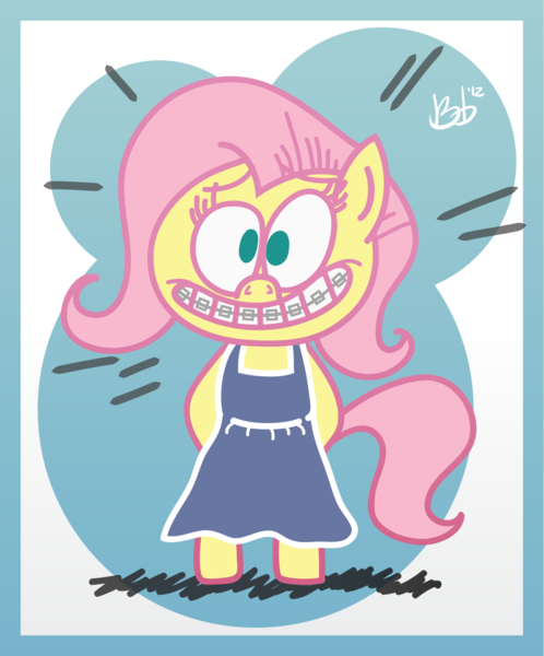 Size: 1100x1325 | Tagged: safe, artist:belaboy, banned from derpibooru, deleted from derpibooru, derpibooru import, fluttershy, .mov, bipedal, braces, clothes, dress, solo, teenager