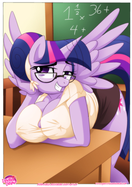 Size: 1024x1448 | Tagged: suggestive, artist:bbmbbf, banned from derpibooru, deleted from derpibooru, derpibooru import, twilight sparkle, alicorn, anthro, plantigrade anthro, comic:power of dragon mating, comic:sex ed with twilight sparkle, equestria untamed, big breasts, breasts, busty twilight sparkle, comic, cover, erect nipples, female, glasses, huge breasts, palcomix, solo, solo female, sultry pose, teacher, teacher outfit, twilight sparkle (alicorn)