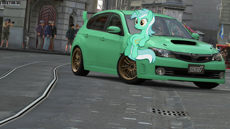 Size: 2474x1392 | Tagged: safe, artist:nestordc, banned from derpibooru, deleted from derpibooru, derpibooru import, lyra heartstrings, car, solo, subaru, subaru impreza