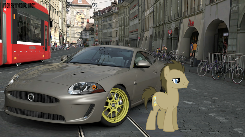 Size: 2478x1393 | Tagged: safe, artist:nestordc, banned from derpibooru, deleted from derpibooru, derpibooru import, doctor whooves, time turner, car, jaguar, jaguar xk, solo, tram