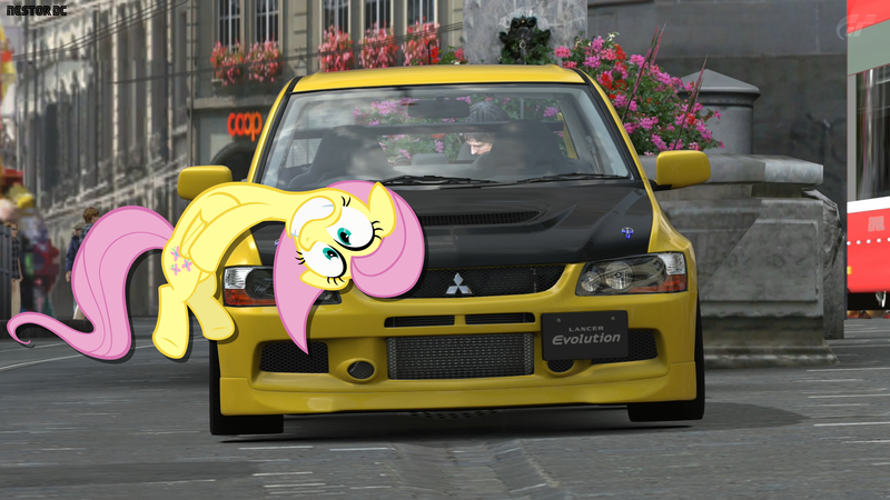 Size: 2478x1393 | Tagged: safe, artist:nestordc, banned from derpibooru, deleted from derpibooru, derpibooru import, fluttershy, car, mitsubishi, mitsubishi lancer, solo