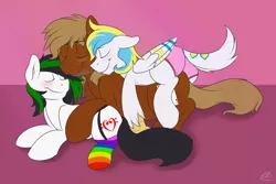 Size: 1280x853 | Tagged: safe, artist:meggchan, banned from derpibooru, deleted from derpibooru, derpibooru import, oc, oc:cirrus sky, oc:trance sequence, unofficial characters only, hippogriff, blushing, clothes, commission, crossdressing, cuddling, cute, eyes closed, floppy ears, garter belt, garters, gay, group, hug, interspecies, male, panties, prone, rainbow socks, size difference, smiling, snuggling, socks, stockings, striped socks, thigh highs, underwear