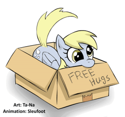 Size: 730x680 | Tagged: safe, artist:sleufoot, artist:ta-na, banned from derpibooru, deleted from derpibooru, derpibooru import, derpy hooves, pony, animated, box, bronybait, cardboard box, cute, daaaaaaaaaaaw, derpabetes, free hugs, nom, pony in a box, prone, simple background, smiling, solo, tail wag, weapons-grade cute, white background