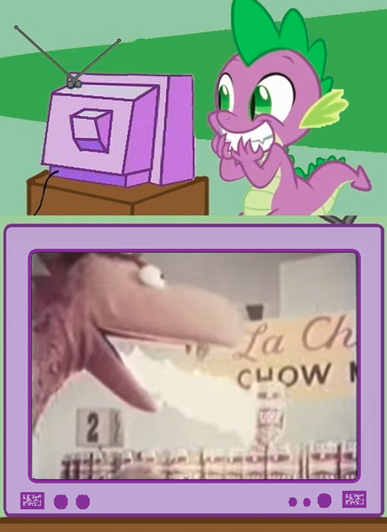 Size: 520x716 | Tagged: safe, banned from derpibooru, deleted from derpibooru, derpibooru import, spike, dragon, commercial, exploitable meme, la choy, la choy dragon, meme, obligatory pony, the muppets, tv meme