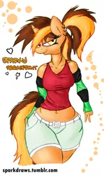 Size: 700x1176 | Tagged: safe, artist:sparkdraws, banned from derpibooru, deleted from derpibooru, derpibooru import, oc, oc:sparky riddlefront, unofficial characters only, anthro, alternate hairstyle, anthro oc, arm warmers, bedroom eyes, belly button, breasts, clothes, ear piercing, earring, jewelry, midriff, piercing, ponytail, shorts, small breasts, solo, tanktop