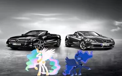 Size: 672x422 | Tagged: safe, artist:dontae98, banned from derpibooru, deleted from derpibooru, derpibooru import, princess celestia, princess luna, pony, car, car shit spam, irl, mercedes sl, mercedes slk, mercedes-benz, photo, ponies in real life