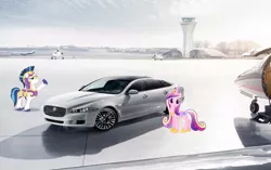 Size: 672x422 | Tagged: safe, artist:dontae98, banned from derpibooru, deleted from derpibooru, derpibooru import, princess cadance, shining armor, pony, airport, car, irl, jaguar, jaguar xj, photo, ponies in real life