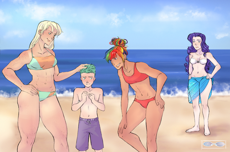 Size: 1024x677 | Tagged: suggestive, artist:demdoodles, banned from derpibooru, deleted from derpibooru, derpibooru import, applejack, rainbow dash, rarity, spike, human, abs, alternate hairstyle, beach, bikini, blushing, clothes, embarrassed, humanized, swimsuit, tan lines, teasing, trunks