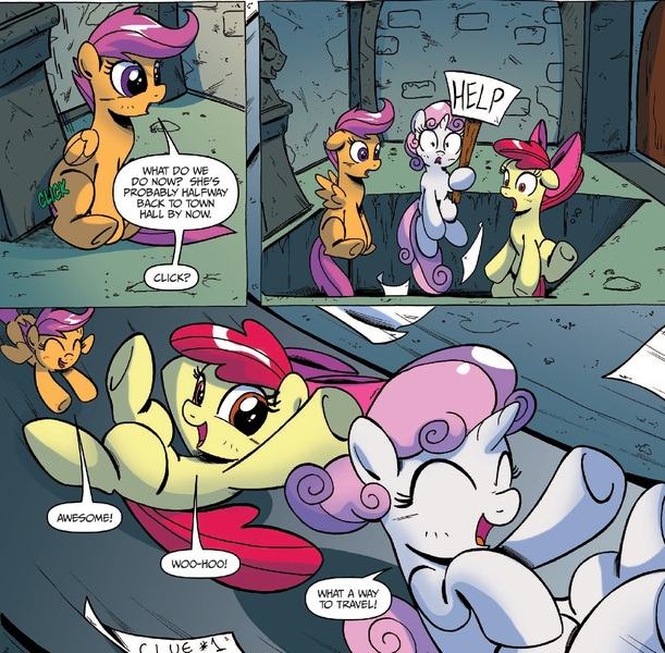 Size: 1395x1369 | Tagged: safe, banned from derpibooru, deleted from derpibooru, derpibooru import, idw, apple bloom, scootaloo, sweetie belle, spoiler:comic, spoiler:comicff16, castle of the royal pony sisters, cutie mark crusaders