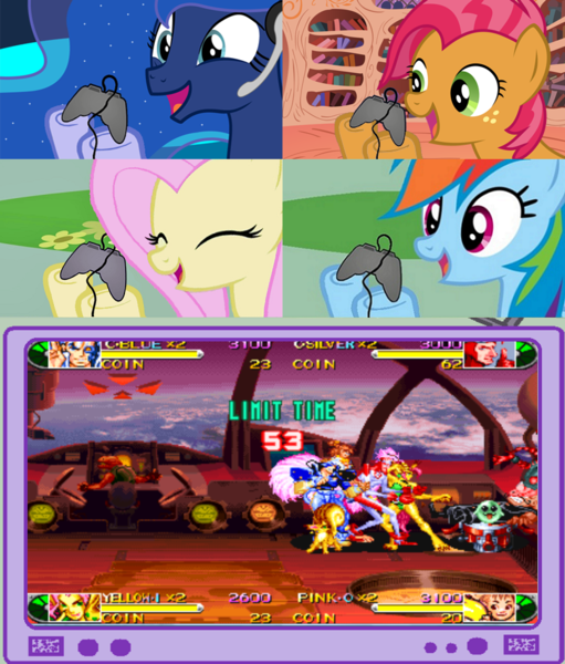 Size: 782x918 | Tagged: safe, banned from derpibooru, deleted from derpibooru, derpibooru import, babs seed, fluttershy, princess luna, rainbow dash, gamer luna, battle circuit, exploitable meme, gamer babs, gamer dash, gamerdash, gamershy, meme, obligatory pony, tv meme