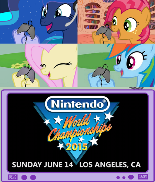 Size: 782x918 | Tagged: safe, banned from derpibooru, deleted from derpibooru, derpibooru import, babs seed, fluttershy, princess luna, rainbow dash, gamer luna, controller, exploitable meme, gamer babs, gamer dash, gamerdash, gamershy, meme, nintendo, nintendo world championships, obligatory pony, television, tv meme