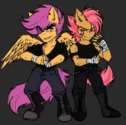 Size: 1024x1017 | Tagged: safe, artist:toxicscootaloo, banned from derpibooru, deleted from derpibooru, derpibooru import, babs seed, scootaloo, anthro, babscoot, female, lesbian, punk, rule 63, scootababs, scooteroll, shipping