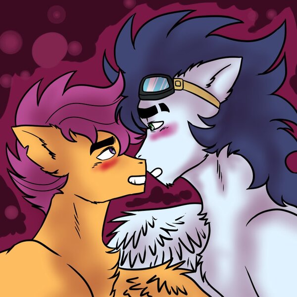 Size: 894x894 | Tagged: suggestive, artist:toxicscootaloo, banned from derpibooru, deleted from derpibooru, derpibooru import, scootaloo, soarin', bedroom eyes, blushing, gay, goggles, half r63 shipping, imminent kissing, lust, male, rule 63, scootasoarin, scooteroll, shipping