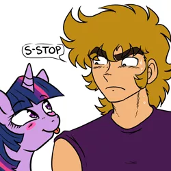 Size: 900x900 | Tagged: safe, artist:toxicscootaloo, banned from derpibooru, deleted from derpibooru, derpibooru import, twilight sparkle, human, :p, blushing, crossover, frown, halp, jabu, saint seiya, smiling, sweat, teasing, tongue out, unicorn jabu, wide eyes