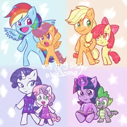 Size: 900x900 | Tagged: safe, artist:toxicscootaloo, banned from derpibooru, deleted from derpibooru, derpibooru import, apple bloom, applejack, rainbow dash, rarity, scootaloo, spike, sweetie belle, twilight sparkle, pony, semi-anthro, :>, :o, apple, bipedal, blushing, book, chibi, clothes, cute, cutie mark crusaders, dress, food, hoof hold, magic, open mouth, sitting, smiling, spread wings, telekinesis, wings, writing