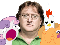Size: 256x192 | Tagged: safe, banned from derpibooru, deleted from derpibooru, derpibooru import, scootaloo, sweetie belle, human, foal, gabe newell, lord gaben, meme, my brain hurts, my brain is full of fuck, no artist, not salmon, random, scootachicken, stupid, sweetie derelle, wat, wtf, wtf is this?