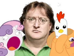 Size: 256x192 | Tagged: safe, banned from derpibooru, deleted from derpibooru, derpibooru import, scootaloo, sweetie belle, human, foal, gabe newell, lord gaben, meme, my brain hurts, my brain is full of fuck, no artist, not salmon, random, scootachicken, stupid, sweetie derelle, wat, wtf, wtf is this?