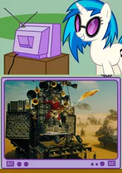 Size: 564x800 | Tagged: safe, banned from derpibooru, deleted from derpibooru, derpibooru import, vinyl scratch, doof wagon, doof warrior, exploitable meme, fire, flamethrower, guitar, mad max, mad max fury road, meme, musical instrument, obligatory pony, speakers, tv meme, weapon