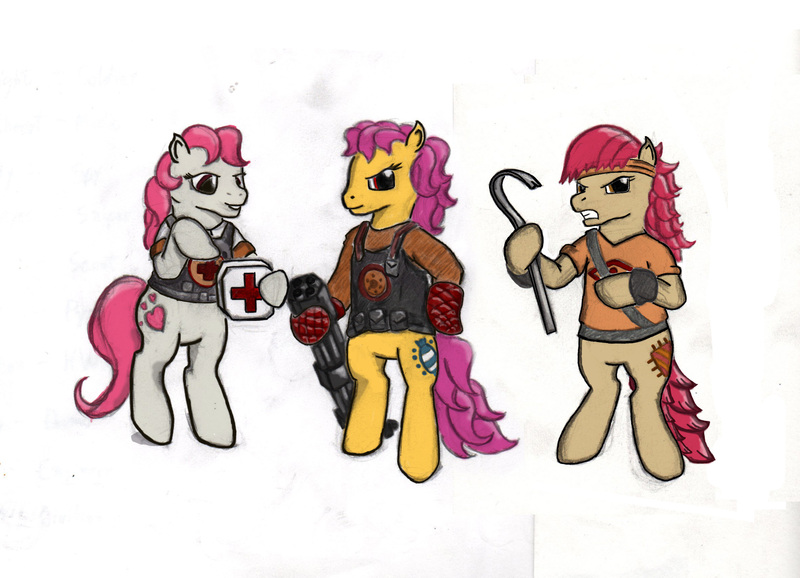 Size: 2382x1722 | Tagged: safe, artist:puzzljab, banned from derpibooru, deleted from derpibooru, derpibooru import, bon bon, sweetheart, sweetie drops, my little pony tales, crossover, g1, heavy weapons guy, medic, patch, scout, team fortress classic