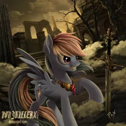 Size: 1352x1352 | Tagged: safe, artist:ponykillerx, banned from derpibooru, deleted from derpibooru, derpibooru import, rainbow dash, element of loyalty, ruins, solo, sword, weapon