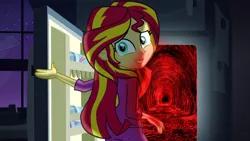 Size: 1280x720 | Tagged: grimdark, banned from derpibooru, deleted from derpibooru, derpibooru import, screencap, sunset shimmer, equestria girls, rainbow rocks, exploitable meme, meme, obligatory pony, pinkie's refrigerator, solo