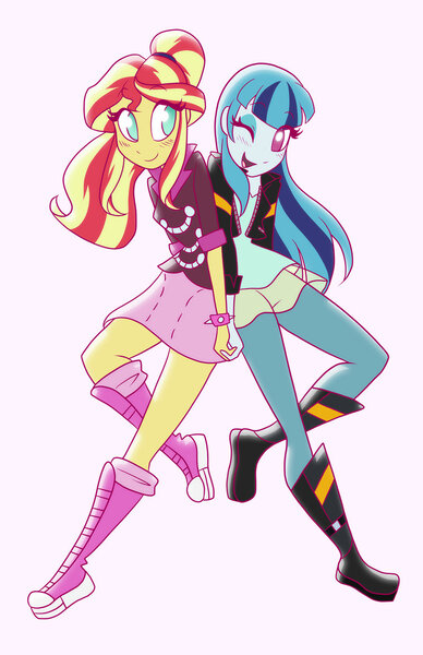 Size: 800x1236 | Tagged: safe, artist:ashleynicholsart, banned from derpibooru, deleted from derpibooru, derpibooru import, sonata dusk, sunset shimmer, equestria girls, accessory swap, alternate hairstyle, blushing, clothes swap, female, hairstyle swap, holding hands, lesbian, loose hair, one eye closed, ponytail, shipping, smiling, sunata, wink