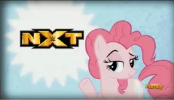 Size: 1488x857 | Tagged: safe, banned from derpibooru, deleted from derpibooru, derpibooru import, pinkie pie, the lost treasure of griffonstone, exploitable meme, meme, nxt, obligatory pony, pinkie presenter, wwe