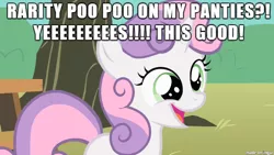 Size: 610x343 | Tagged: safe, banned from derpibooru, deleted from derpibooru, derpibooru import, rarity, sweetie belle, caption, clothes, engrish, grammar error, image macro, implied scat, meme, panties, poop, text, underwear, wat