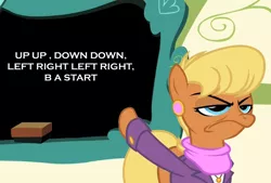 Size: 880x595 | Tagged: safe, banned from derpibooru, deleted from derpibooru, derpibooru import, ms. harshwhinny, exploitable meme, frown, glare, konami code, meme, ms. harshwhinny's professional chalkboard, obligatory pony, pointing, solo, unamused, video game